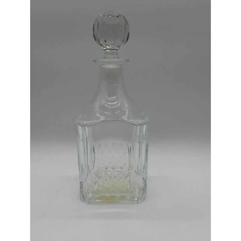 Vintage Crystal Glass Liquor Decanter with Faceted Ball Stopper Square 10 inch